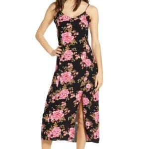 BP Floral Midi Slip Dress with Slit Color: Pink Shock Spaced Tea Rose Size M